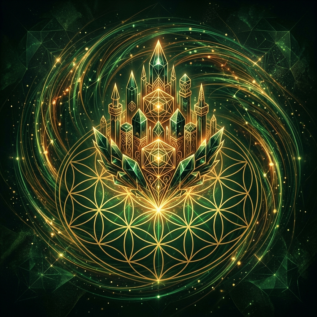 Aesthetic natural intelligence artwork showing a crystalline fortress emerging from a flower of life geometry, symbolizing Sovereign Data Protection.