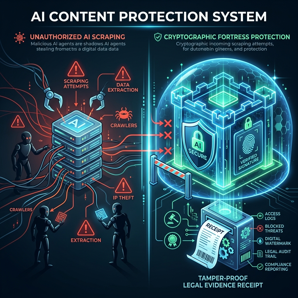 A high-quality infographic showing an AI content protection system with a split screen: unauthorized scraping blocked by a cryptographic fortress generating legal evidence receipts.