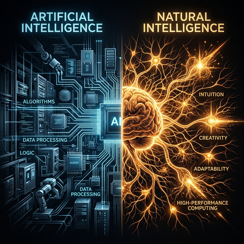 Visual comparison of standard Artificial Intelligence vs Natural Intelligence neural pathways