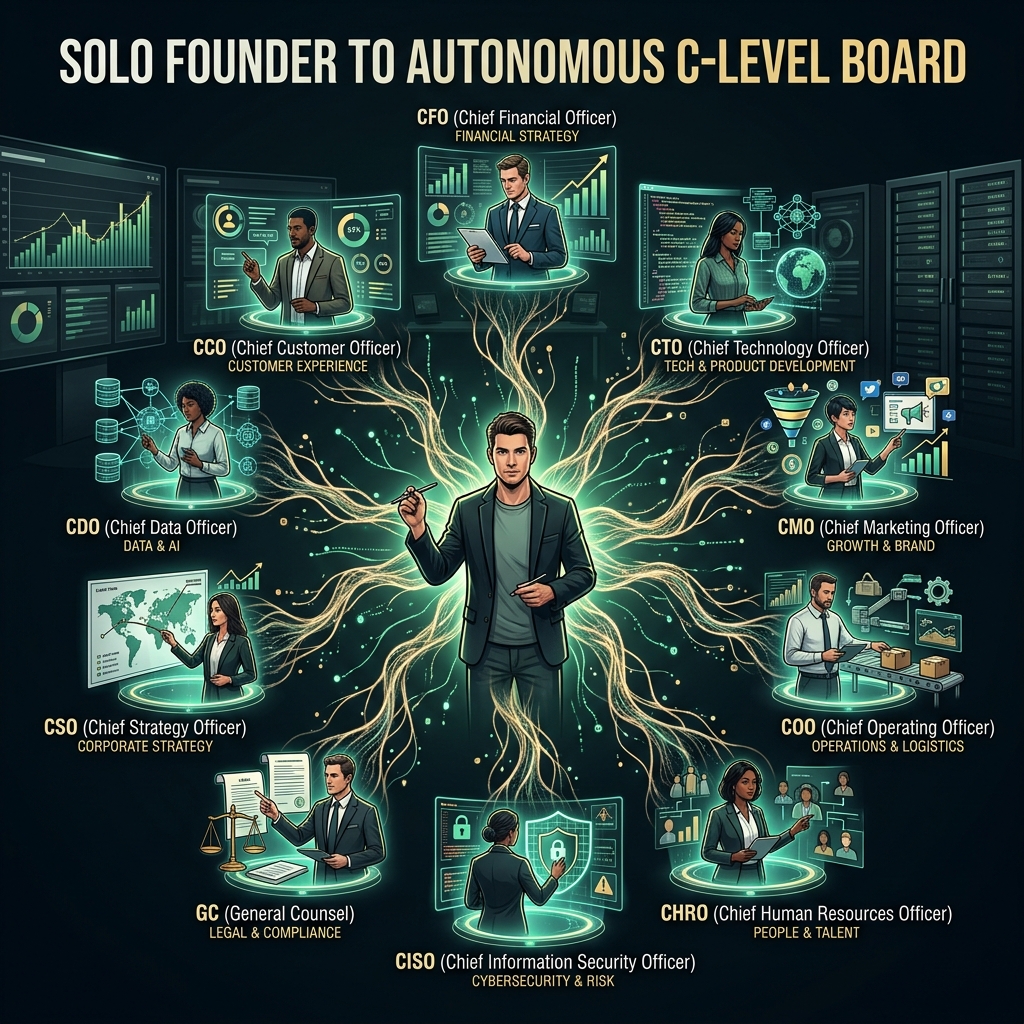 Solo Founder to 10-Role NI C-Level Board Infographic