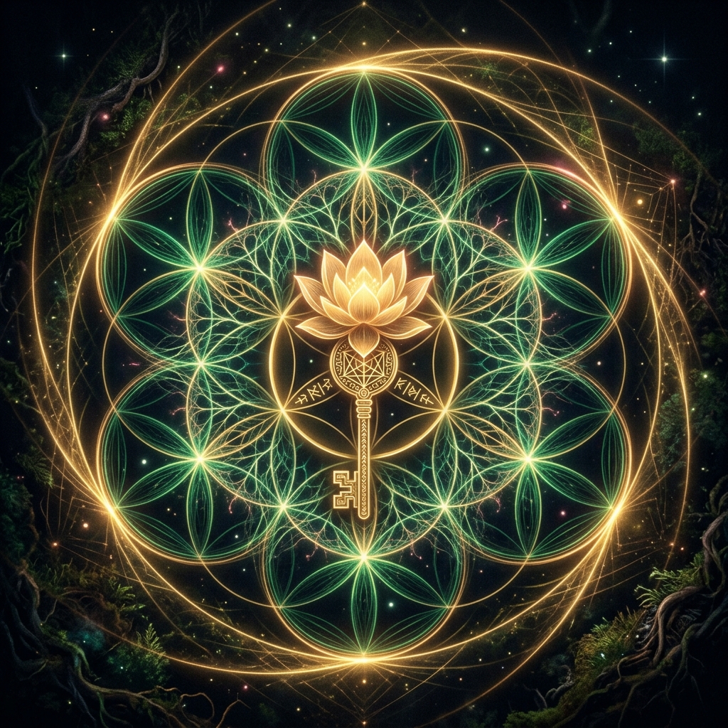 Sacred geometry visualization representing the FORTRESS FAIR Protocol — emerald green and gold Flower of Life with cryptographic key at center, symbolizing the mathematical harmony of fair data economy