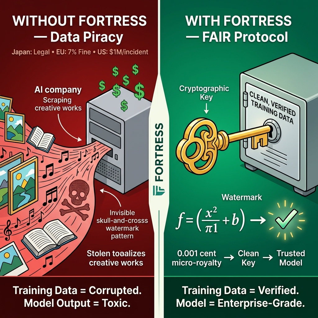 Infographic comparing AI Training Data Piracy (left, red) with FORTRESS FAIR Protocol (right, green). Left shows AI companies scraping data illegally with 7% EU fines. Right shows cryptographic micro-royalty unlocking clean, verified training data.