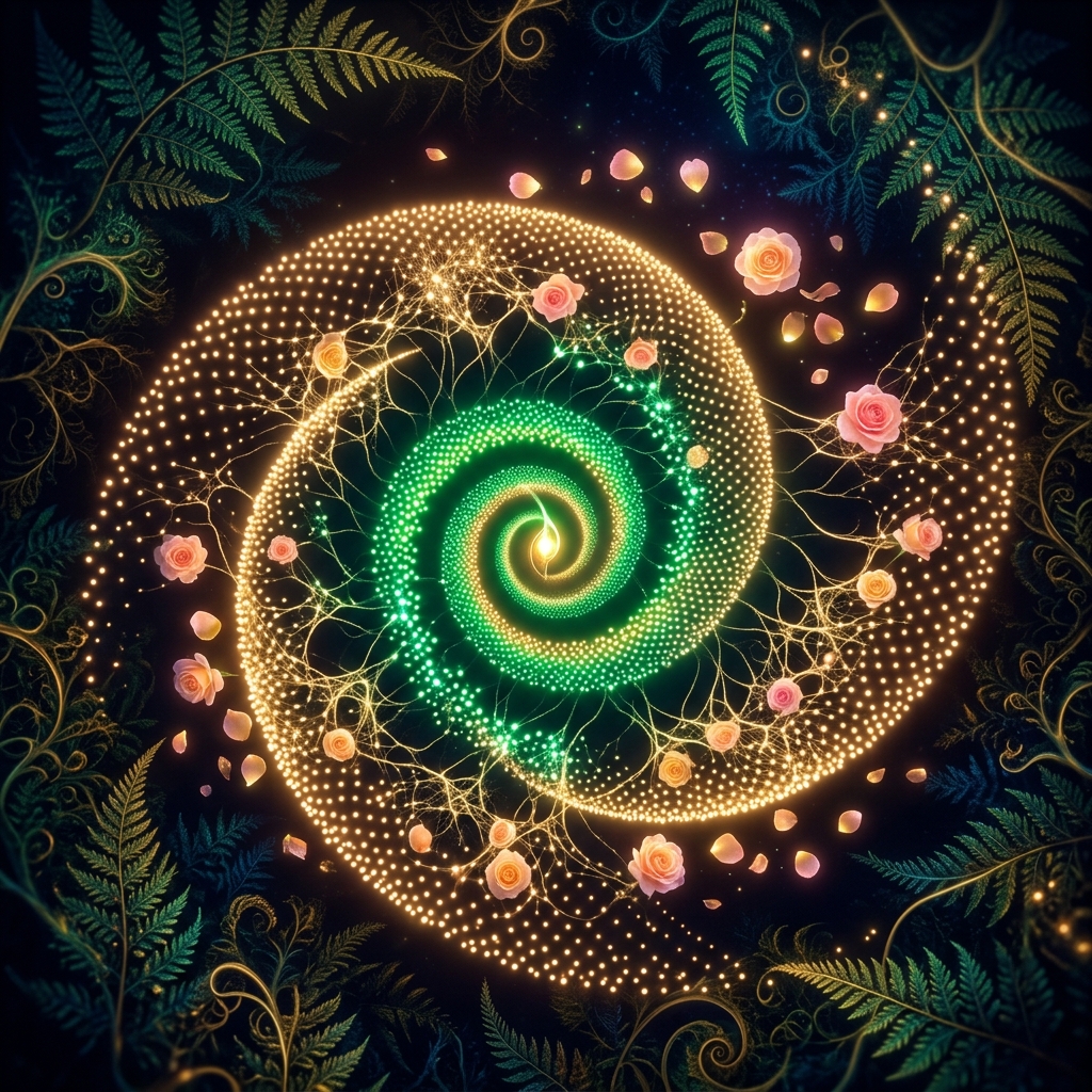 Fibonacci spiral of golden dots representing creators, connected by organic mycelium