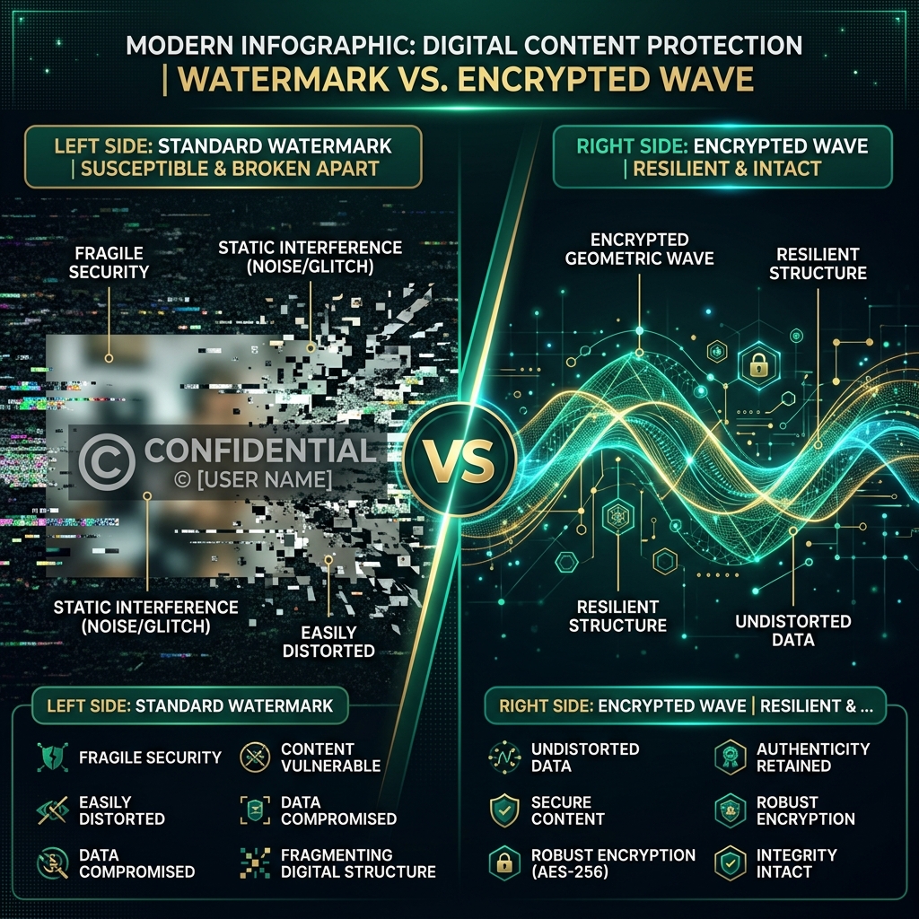 Infographic showing spatial watermark vulnerability vs Fortress Dual-Domain survival