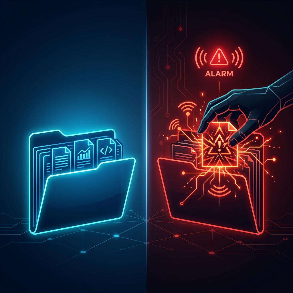 A minimalist infographic showing a clean blue database on the left, and a red triggered trap file on the right