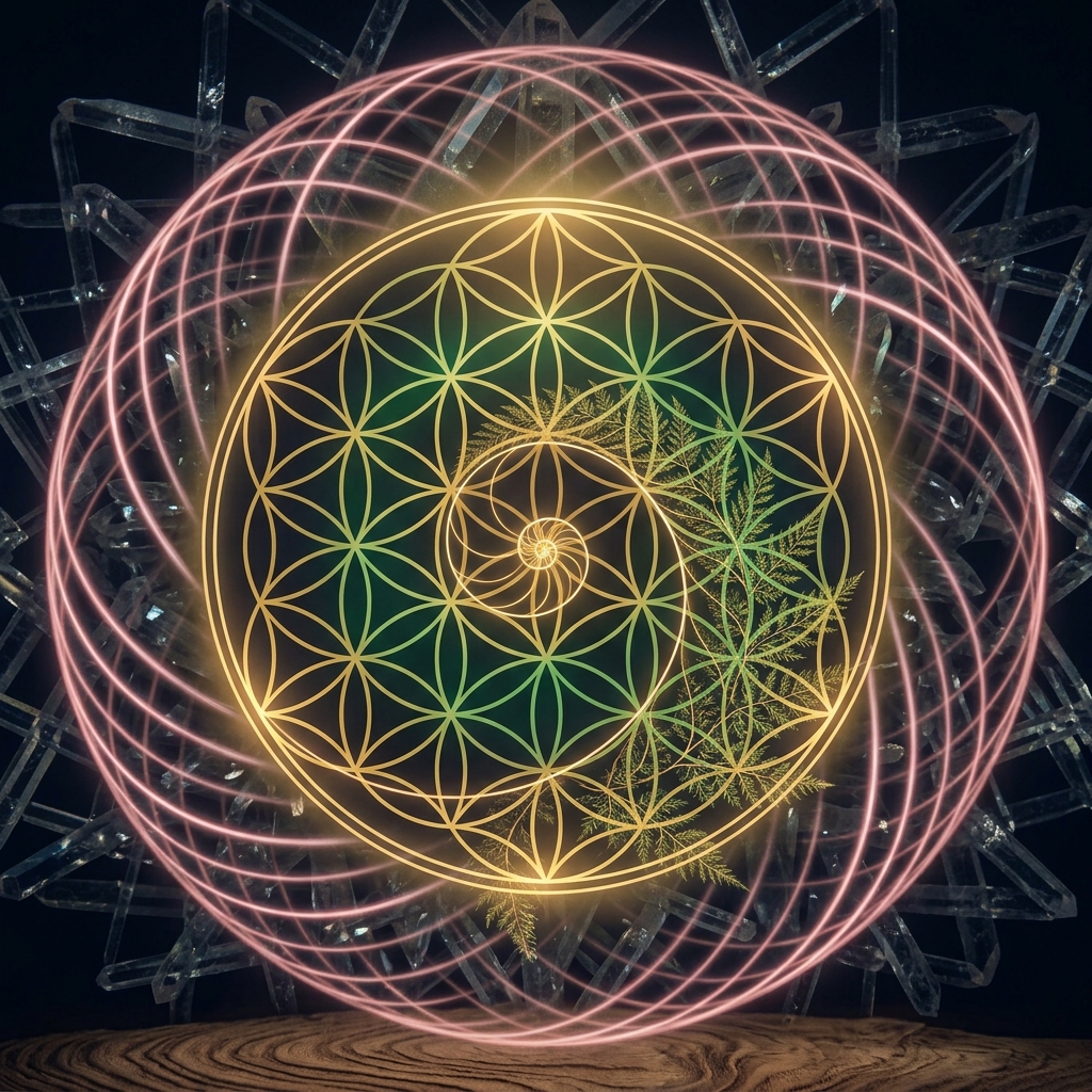 Natural Intelligence visual signature — sacred geometry, Fibonacci spirals, and crystalline patterns representing the organic foundation of AI safety