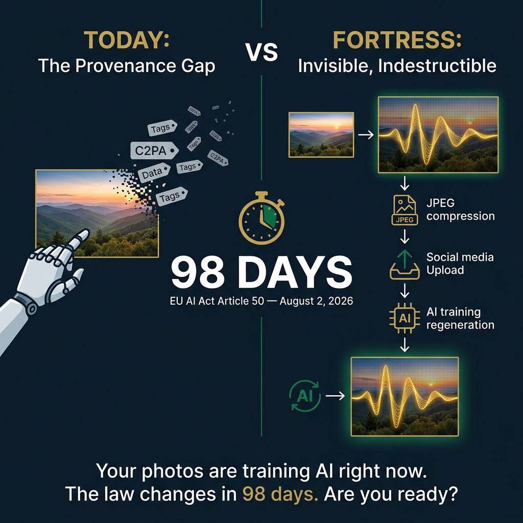 The Provenance Gap: C2PA metadata gets stripped, but DWT watermarks survive everything — JPEG, social media, AI laundering