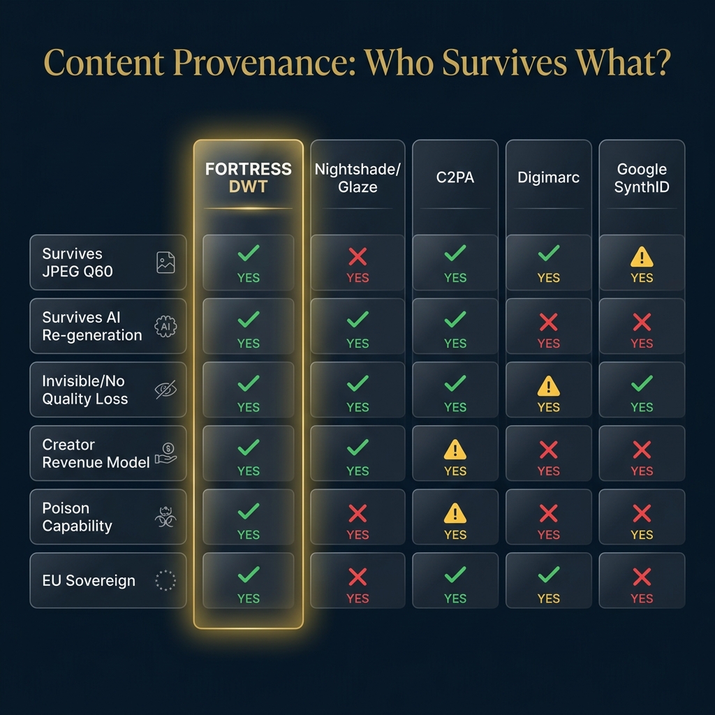 Competitive comparison: FORTRESS DWT is the only solution that survives JPEG compression, AI re-generation, is invisible, enables creator revenue, has poison capability, AND is EU sovereign.