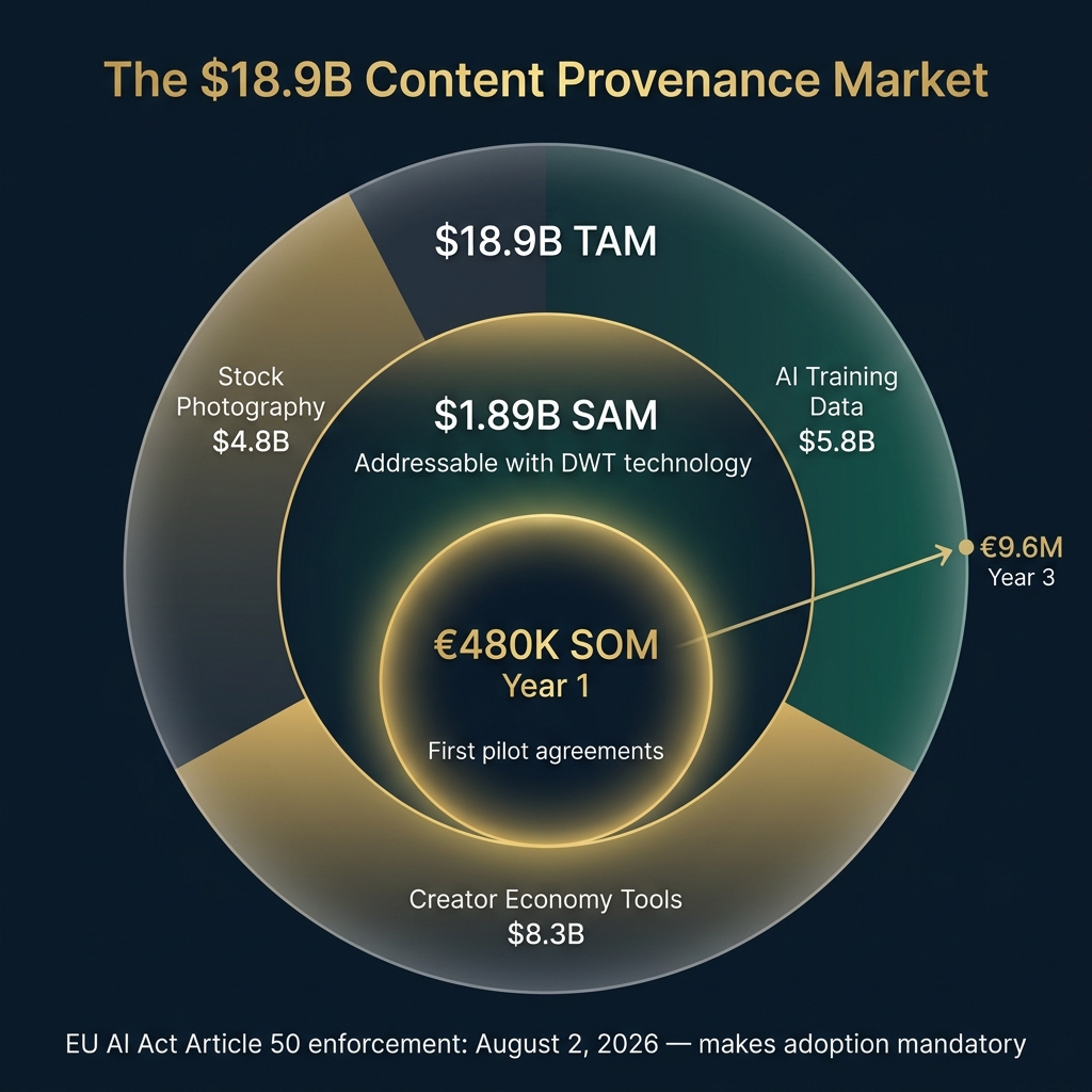 TAM $18.9B across Stock Photography, Creator Economy Tools, and AI Training Data markets. SOM Year 1: €480K. SOM Year 3: €9.6M.