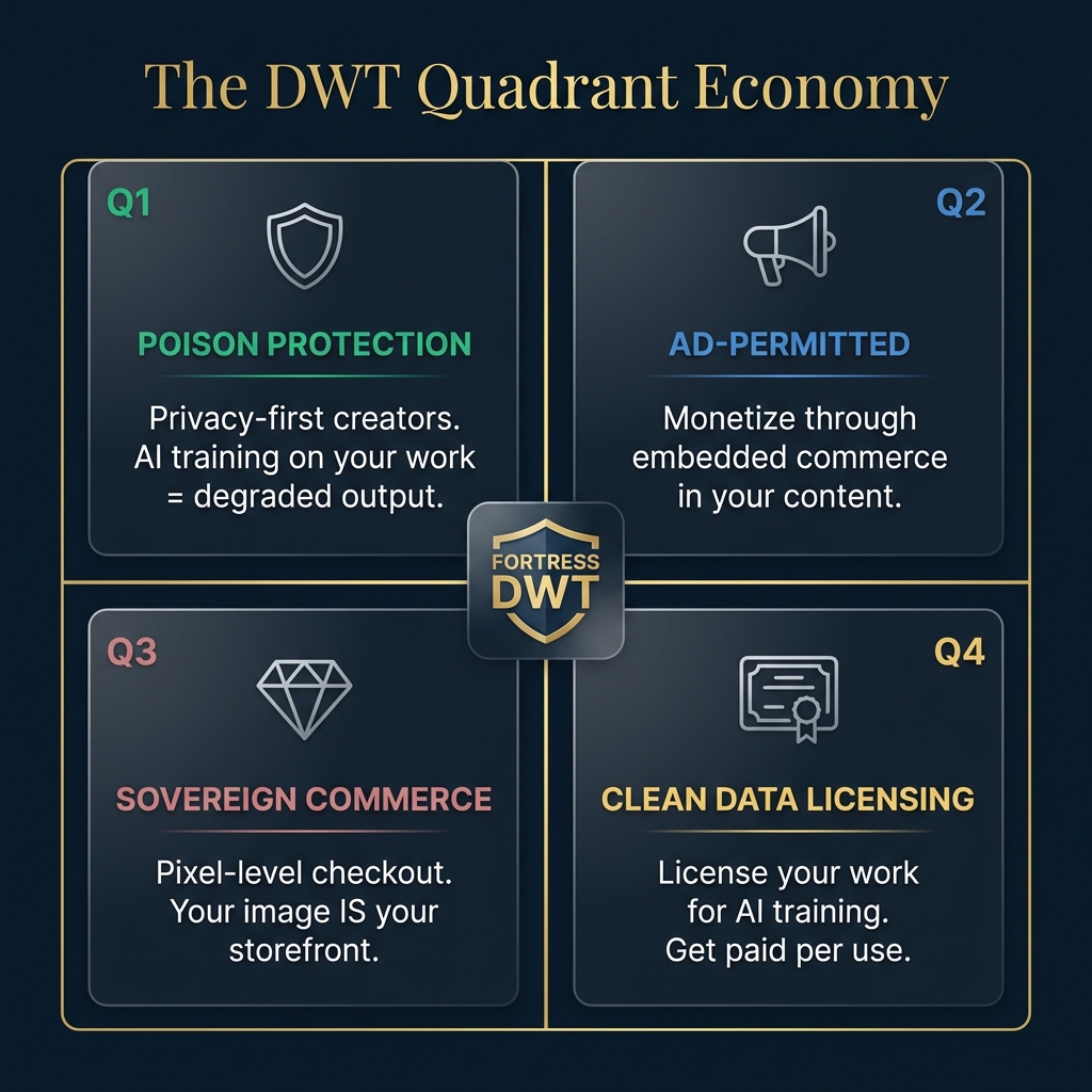The DWT Quadrant Economy: Q1 Poison Protection, Q2 Ad-Permitted Monetization, Q3 Sovereign Commerce, Q4 Clean Data Licensing