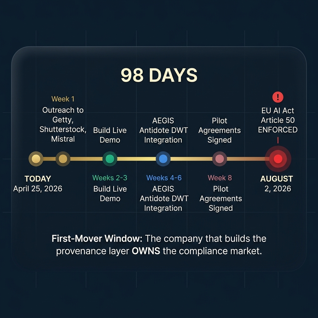 98-day countdown timeline from April 25 to August 2, 2026. Milestones: Week 1 outreach, Week 2-3 demo, Week 4-6 integration, Week 8 pilots, August 2 enforcement.