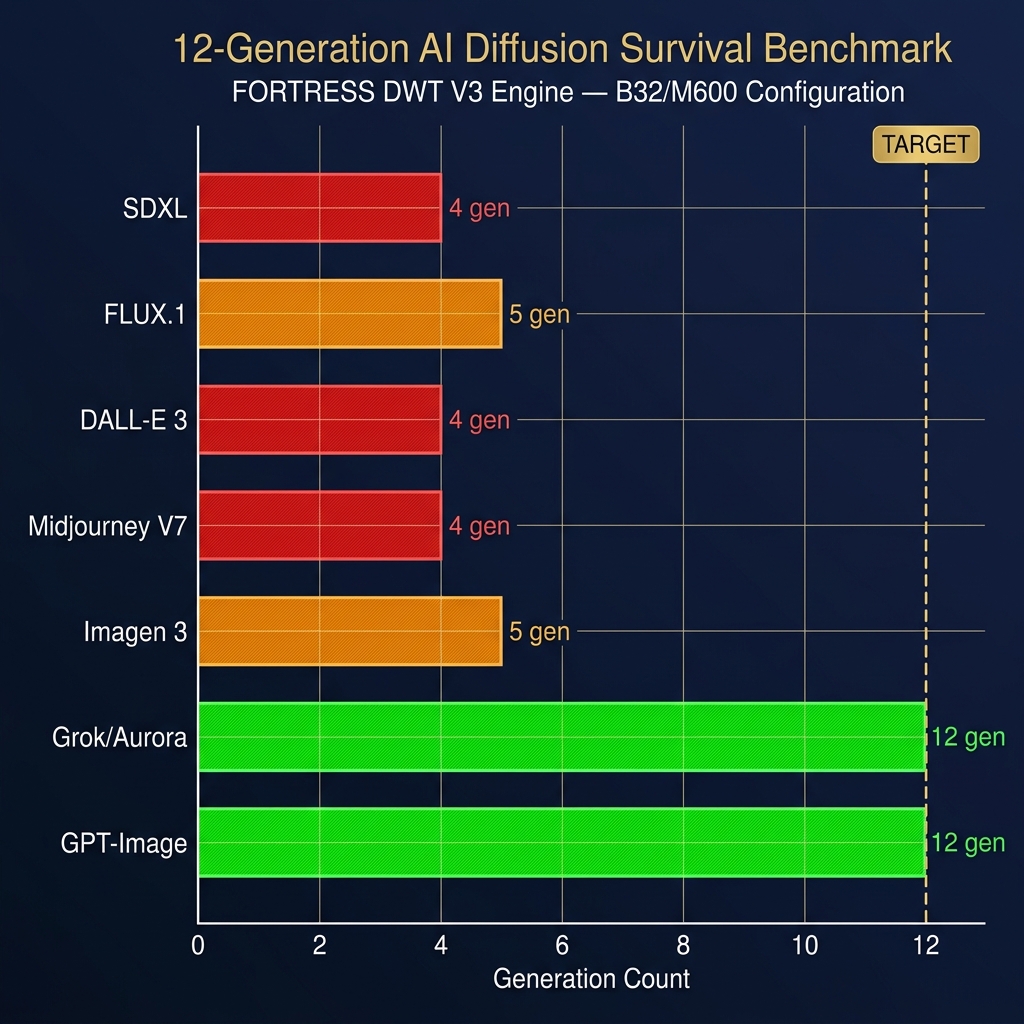 Bar chart: 12-Generation AI Diffusion Survival Benchmark across 7 models