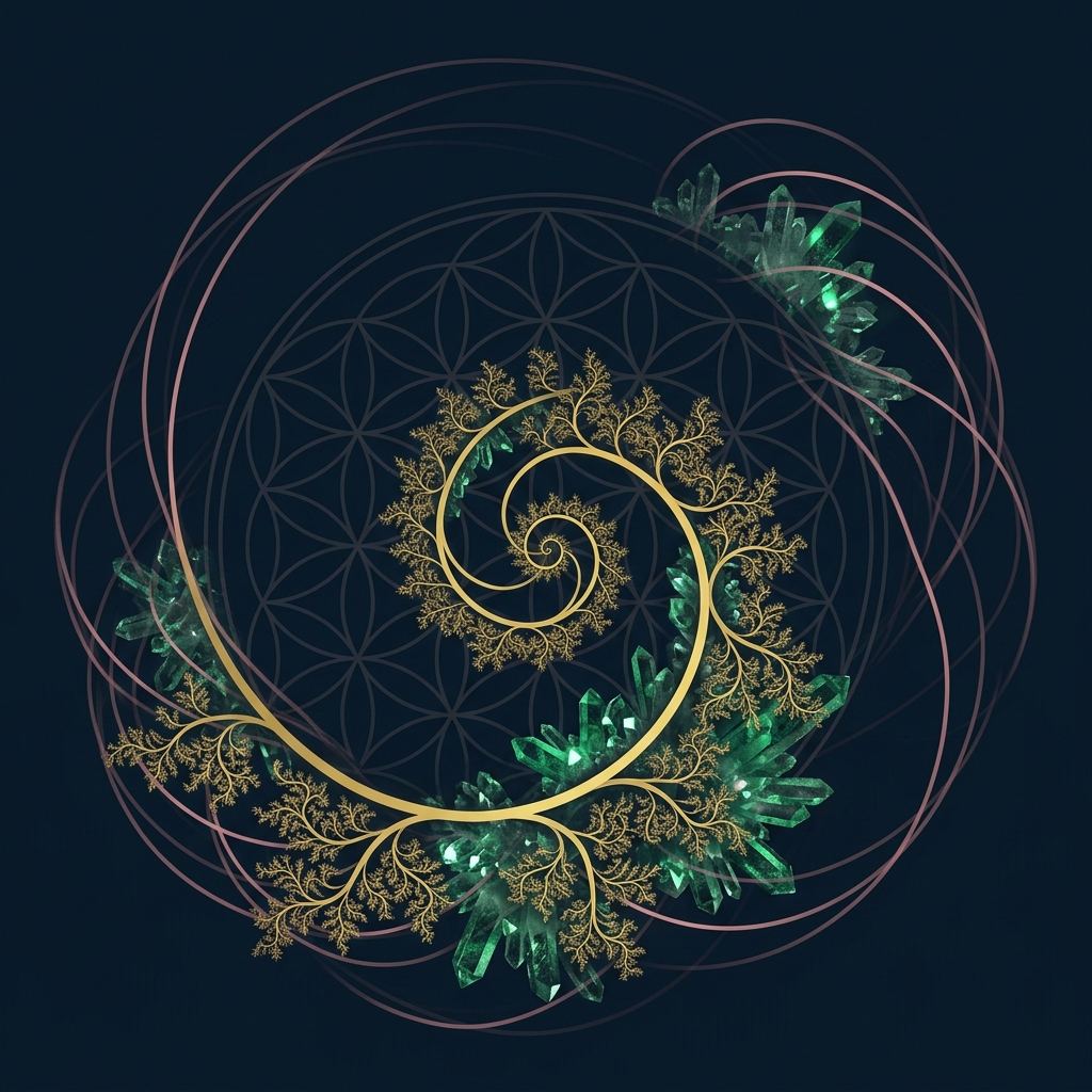 Natural Intelligence organic artwork — Fibonacci spirals, sacred geometry, crystalline growth