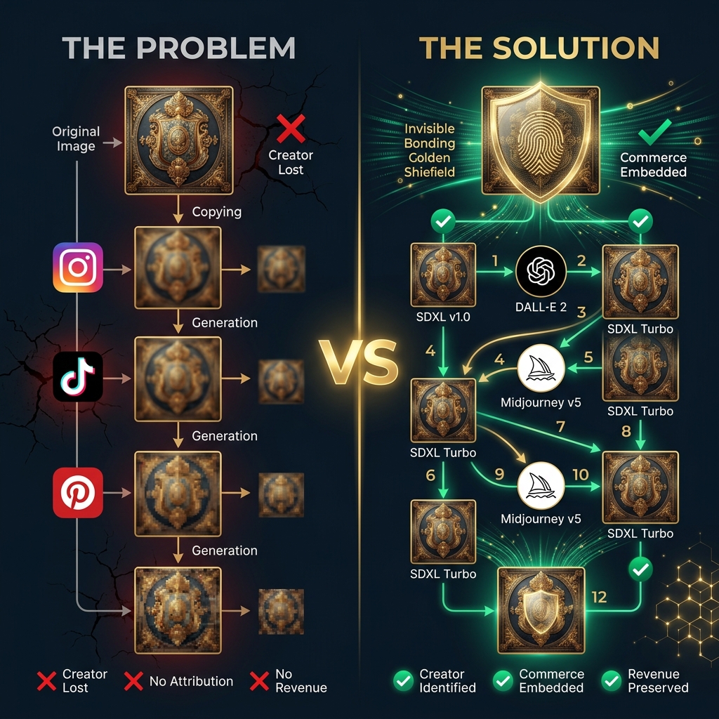 Infographic: The Problem vs The Solution — invisible watermarks surviving AI generation