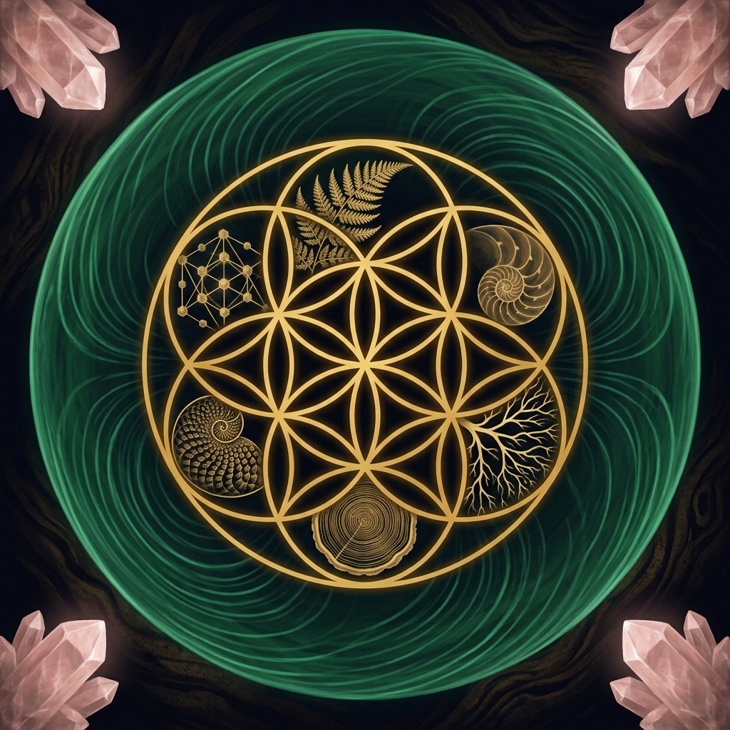 Sacred geometry footer artwork: Flower of Life in warm gold with toroidal field emerald overlay — representing the organic, self-organizing intelligence of the FORTRESS root system