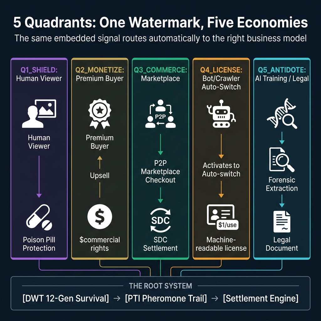 The 5 Quadrants of the FORTRESS DWT Quadrant Economy — infographic showing Q1 Shield through Q5 Antidote above the root system of DWT, PTI, and Settlement Engine
