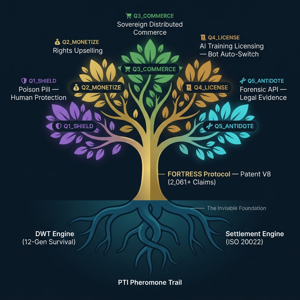 Tree diagram showing the FORTRESS architecture: DWT Engine, PTI Pheromone Trail, and Settlement Engine as roots; FORTRESS Protocol as trunk; 5 Quadrants as branches