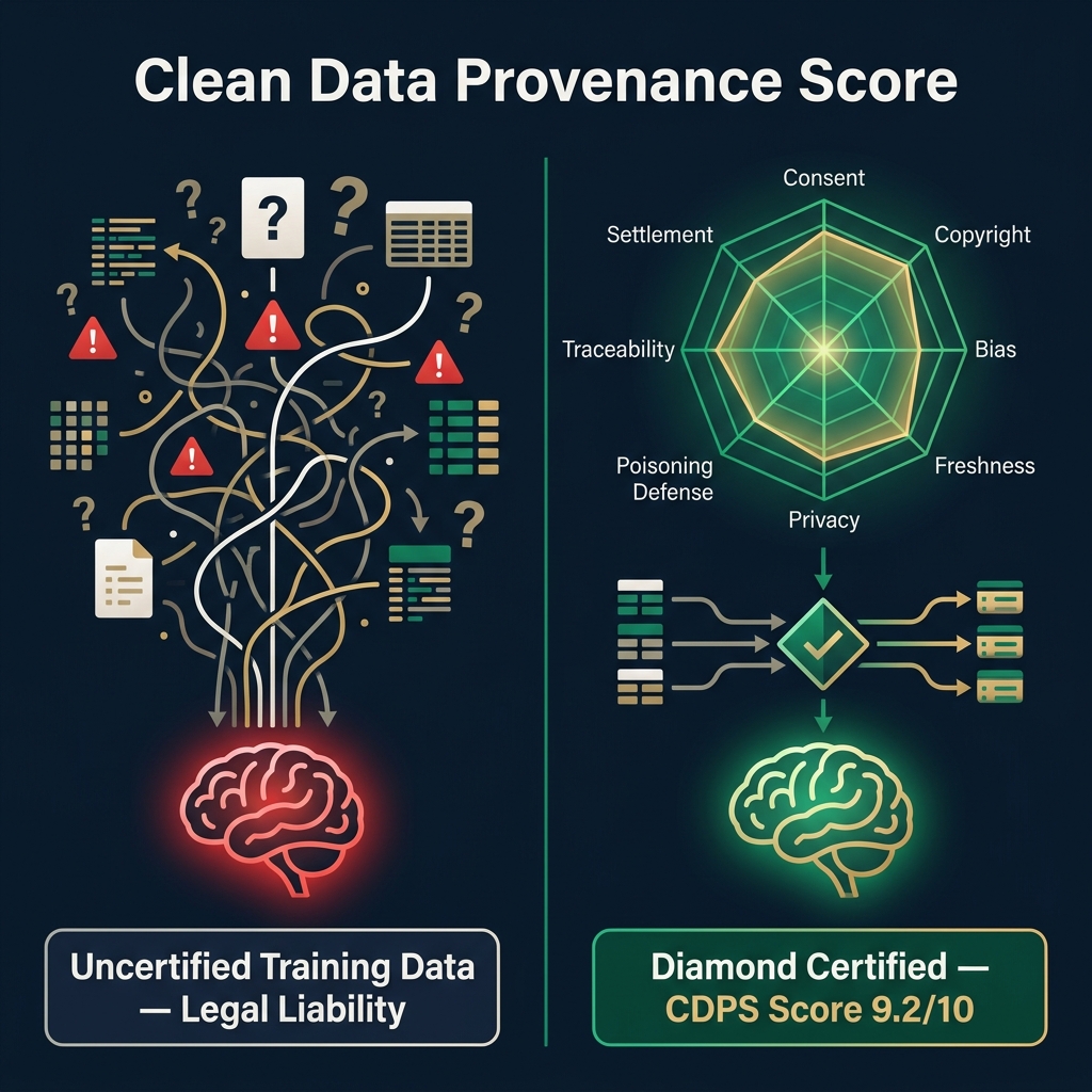 CDPS Clean Data Provenance Score — Infographic showing uncertified vs. diamond-certified datasets flowing into AI models