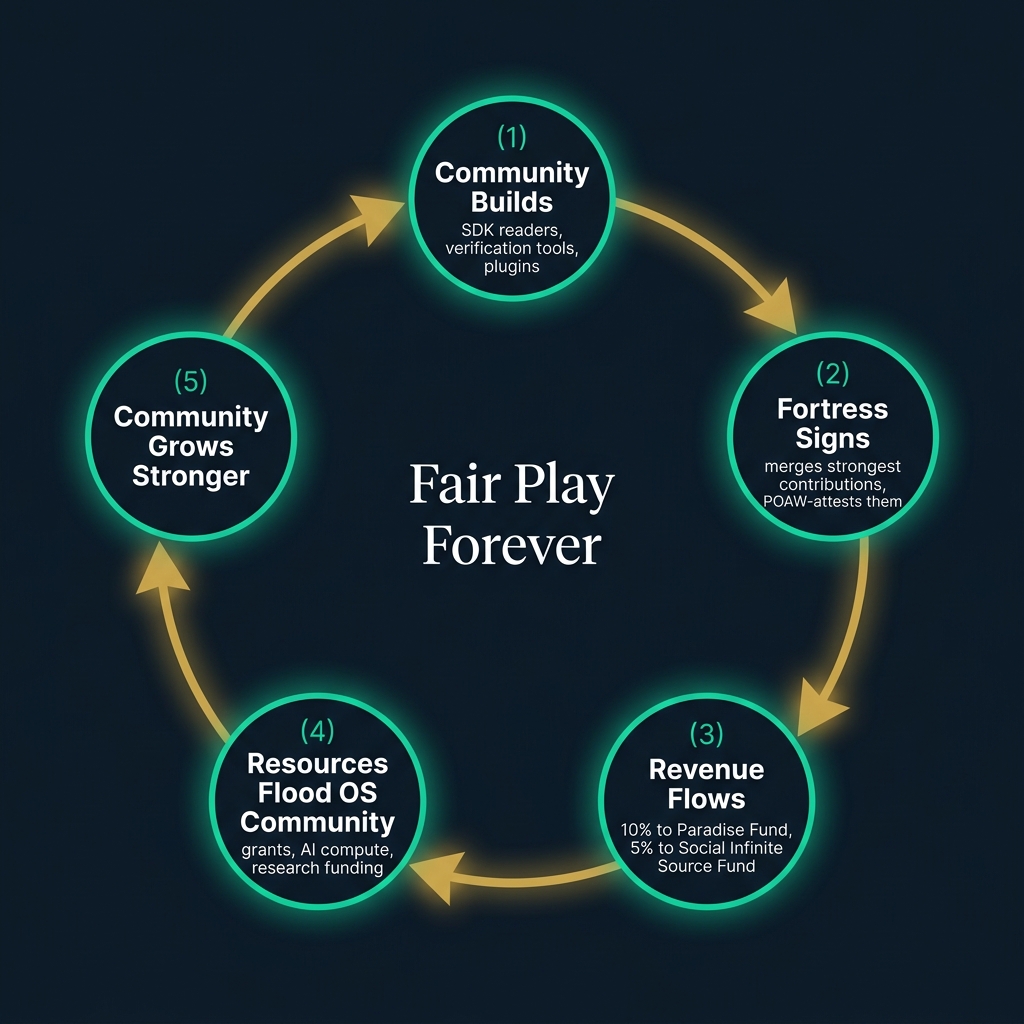 The open-source virtuous cycle: Community Builds → Fortress Signs → Revenue Flows → Resources Flood Back → Community Grows