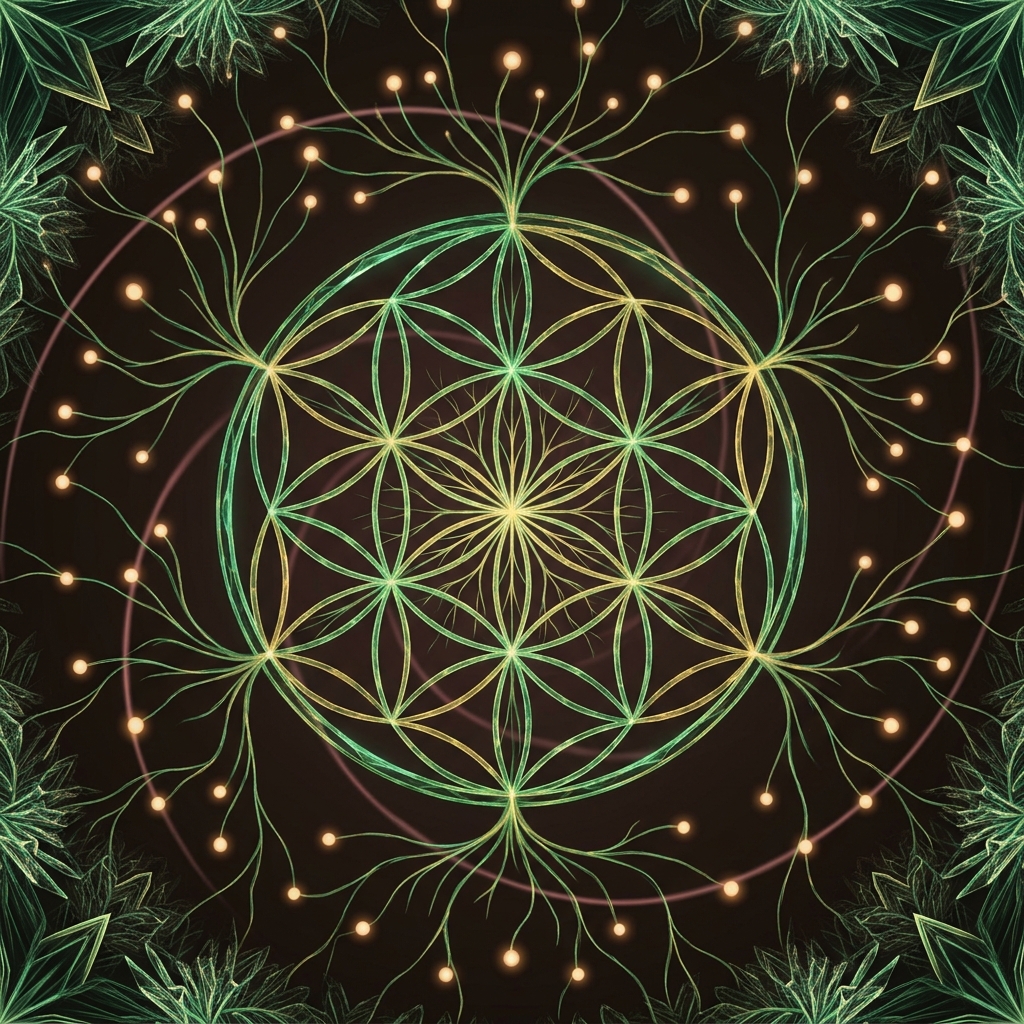 Flower of Life sacred geometry — open-source community as a wood wide web of intelligence