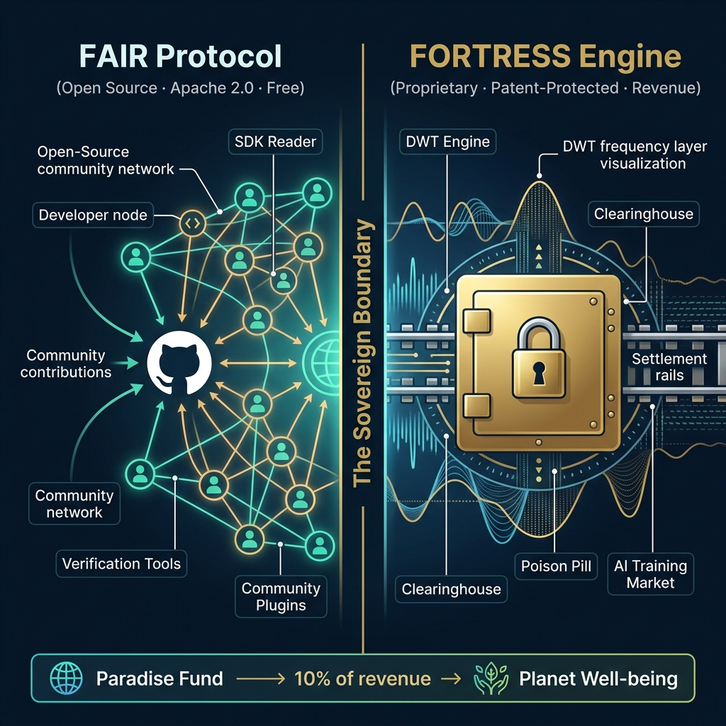 Split-screen infographic: FAIR Protocol open-source reader (left) vs FORTRESS proprietary engine (right), with Paradise Fund returning revenue to the community