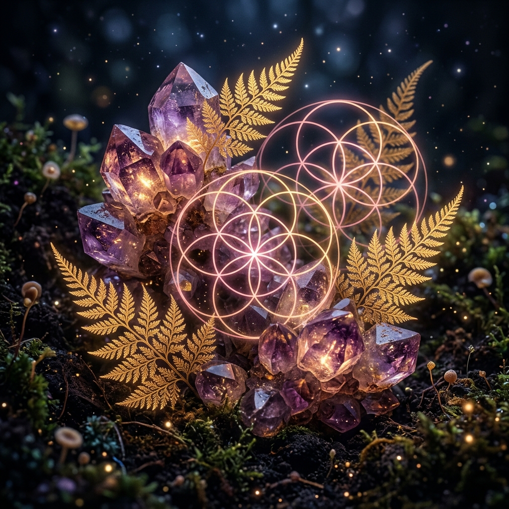 Aesthetic Quartz Crystal Lattice with Golden Fern Fractals
